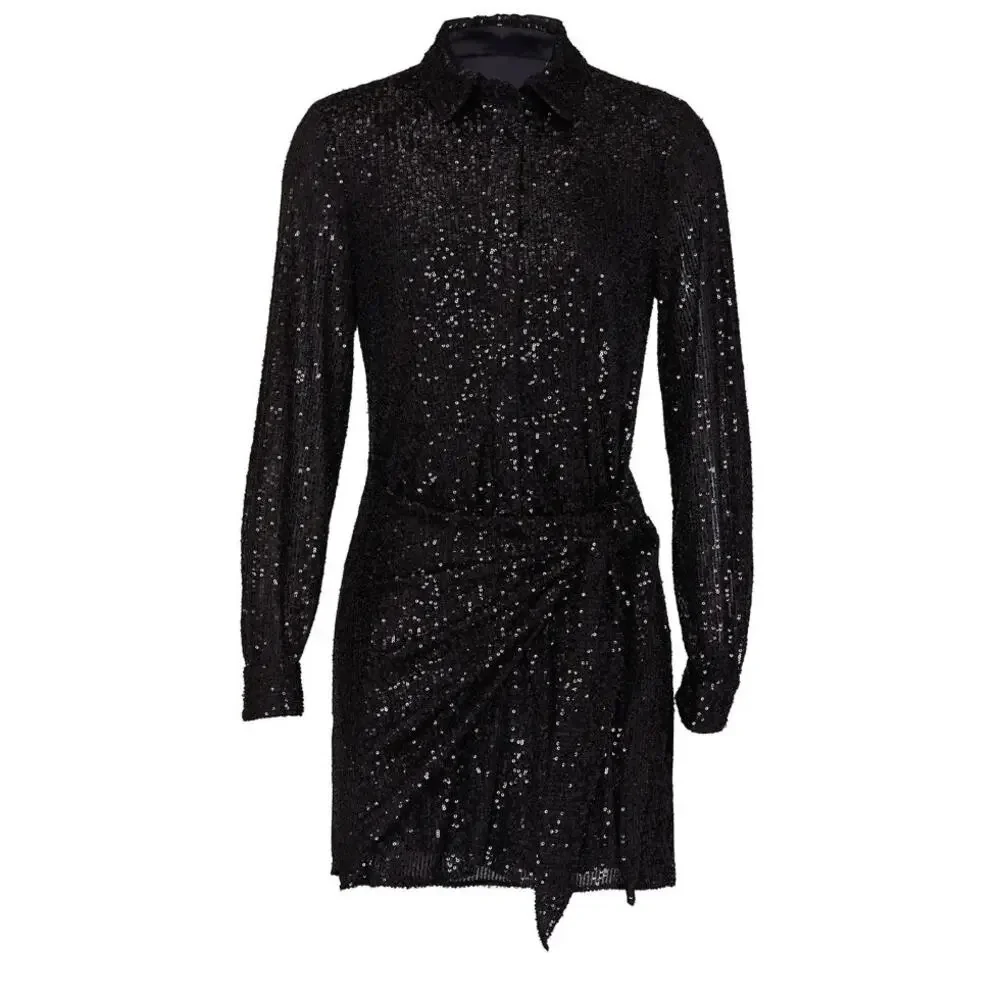 Parker Black Sequins Mini Dress SMALL Cocktail Party Shirt Designer Ruched $348 - Picture 3 of 10